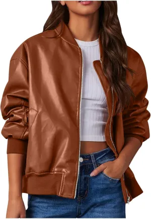 2024 Faux Leather Jackets For Women Oversized Vintage Long Sleeve Bomber Jackets Y2k Fashion Motorcycle Suede Coats