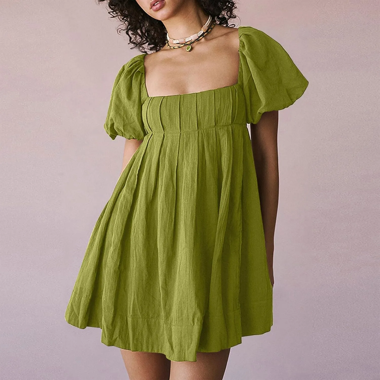 2025 Women's Puff Sleeve Sweet Mini Dress Square Neck Flowy Adorable and Retro Dresses for Picnics, Summer Vacations