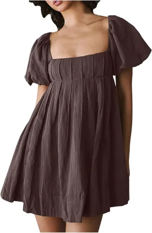2025 Women's Puff Sleeve Sweet Mini Dress Square Neck Flowy Adorable and Retro Dresses for Picnics, Summer Vacations