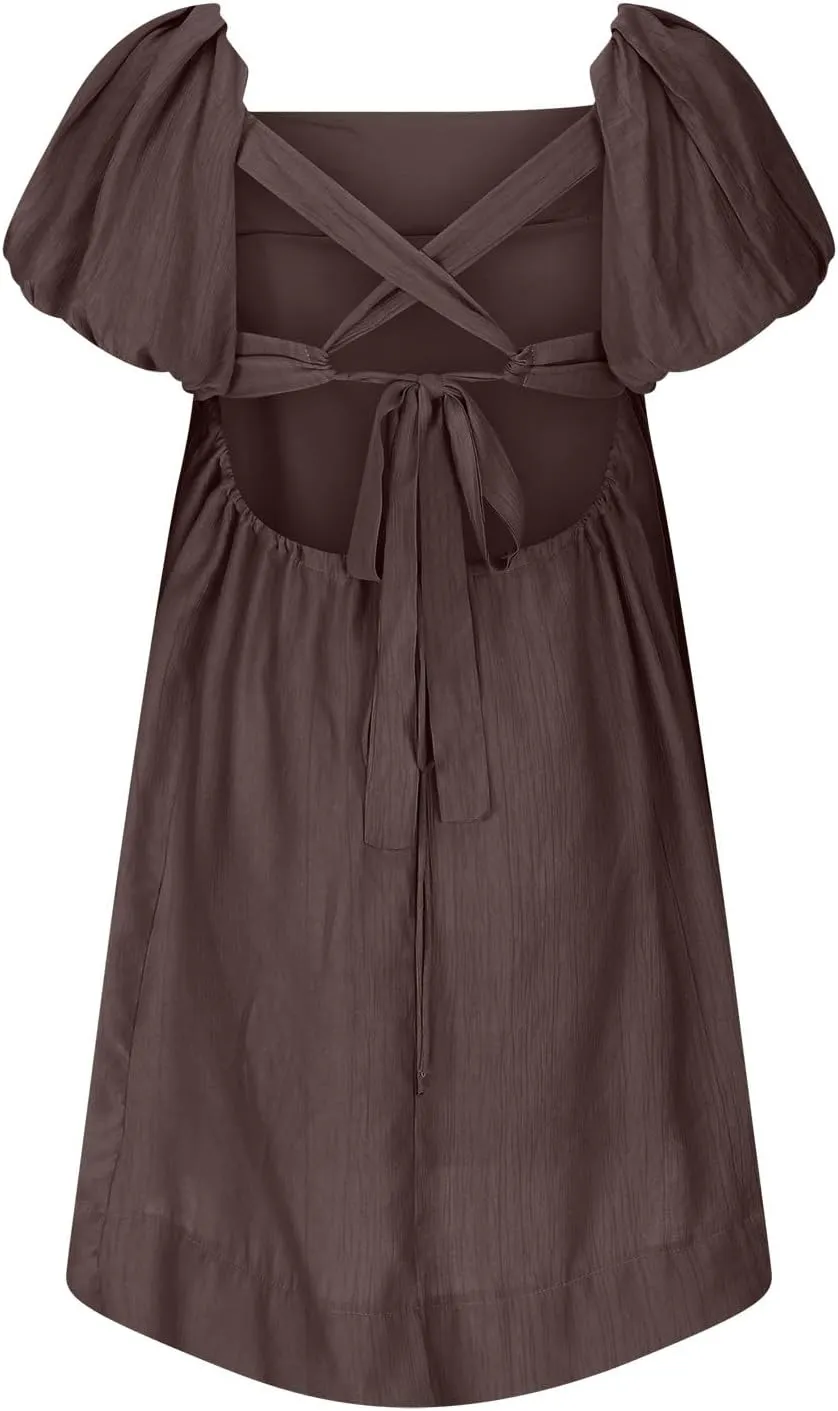 2025 Women's Puff Sleeve Sweet Mini Dress Square Neck Flowy Adorable and Retro Dresses for Picnics, Summer Vacations