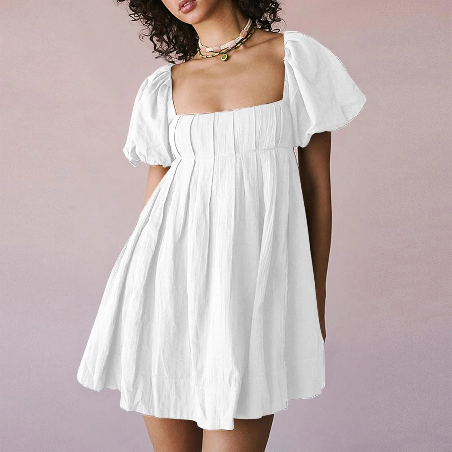 2025 Women's Puff Sleeve Sweet Mini Dress Square Neck Flowy Adorable and Retro Dresses for Picnics, Summer Vacations