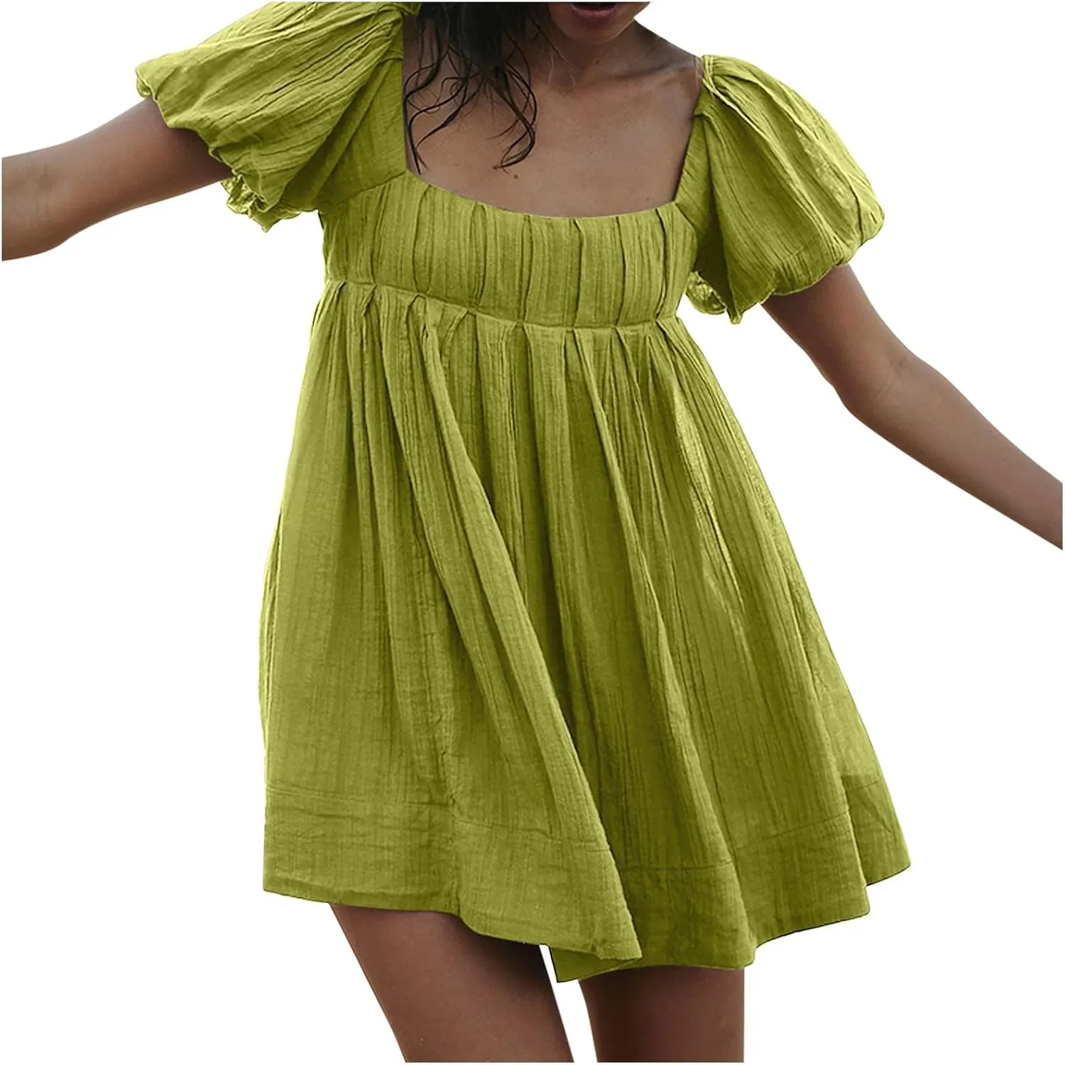 2025 Women's Puff Sleeve Sweet Mini Dress Square Neck Flowy Adorable and Retro Dresses for Picnics, Summer Vacations