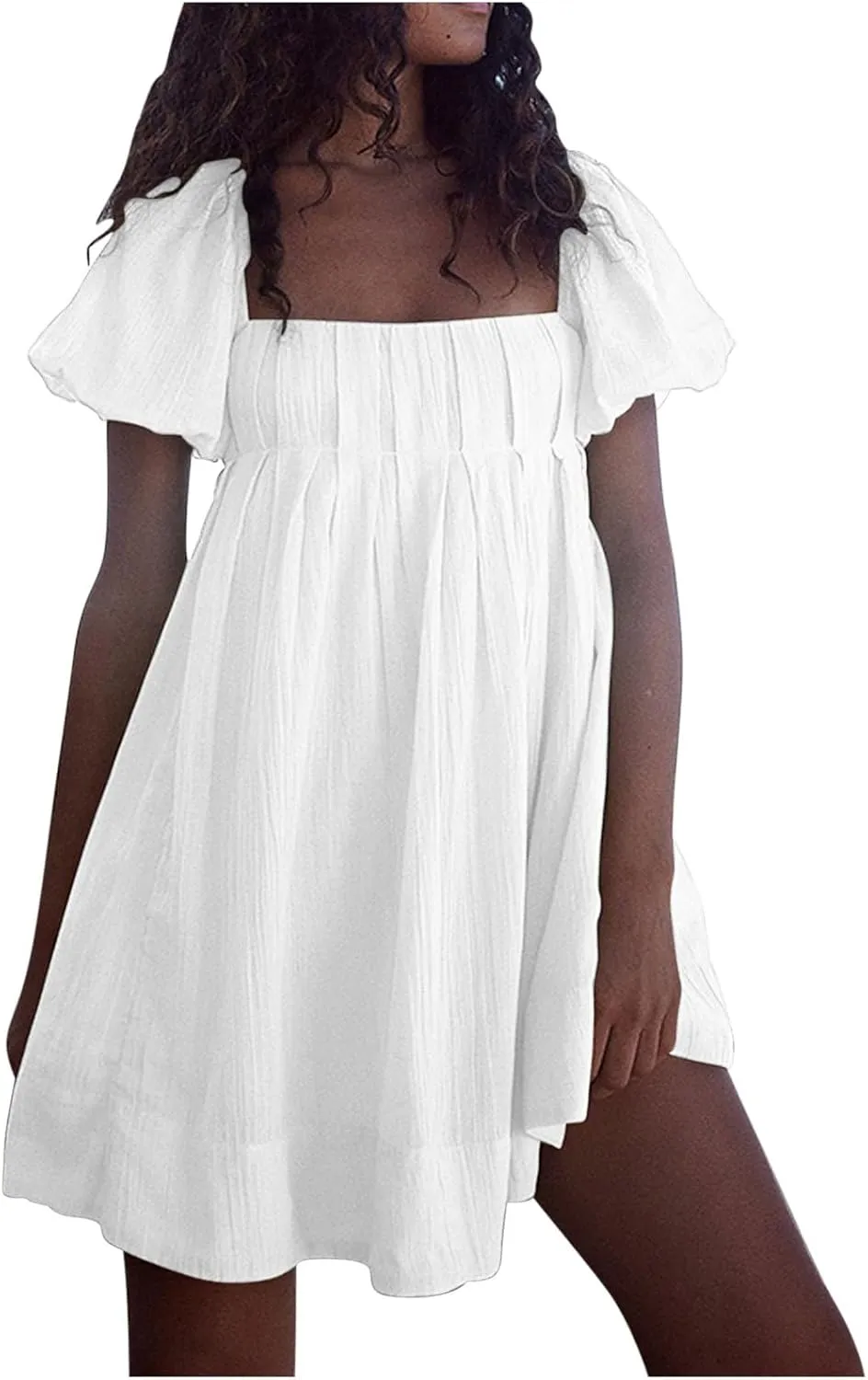 2025 Women's Puff Sleeve Sweet Mini Dress Square Neck Flowy Adorable and Retro Dresses for Picnics, Summer Vacations