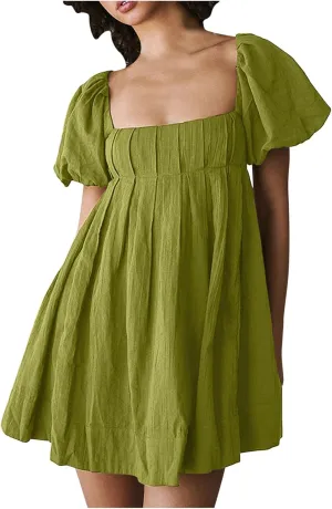 2025 Women's Puff Sleeve Sweet Mini Dress Square Neck Flowy Adorable and Retro Dresses for Picnics, Summer Vacations