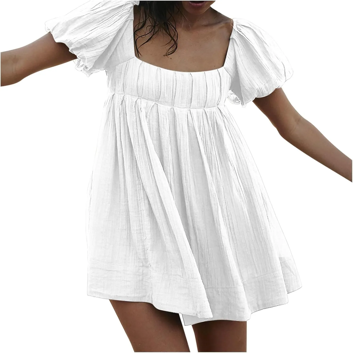 2025 Women's Puff Sleeve Sweet Mini Dress Square Neck Flowy Adorable and Retro Dresses for Picnics, Summer Vacations