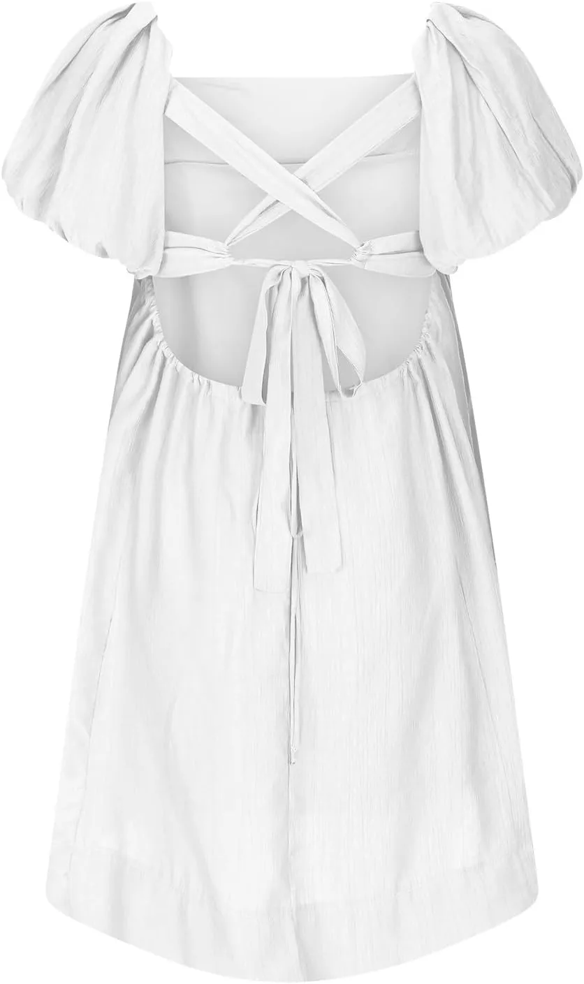 2025 Women's Puff Sleeve Sweet Mini Dress Square Neck Flowy Adorable and Retro Dresses for Picnics, Summer Vacations