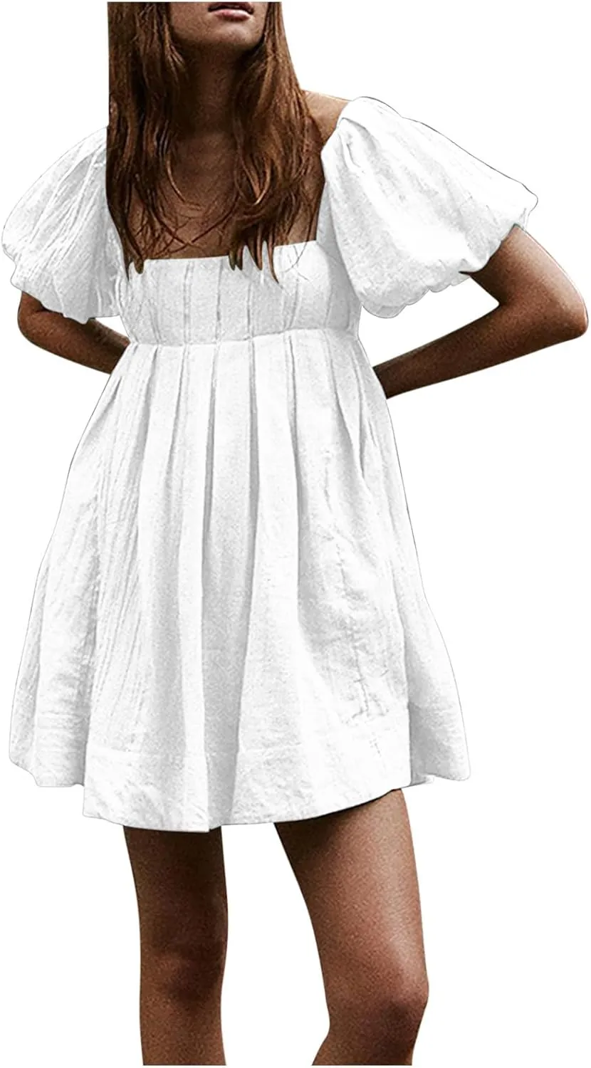 2025 Women's Puff Sleeve Sweet Mini Dress Square Neck Flowy Adorable and Retro Dresses for Picnics, Summer Vacations