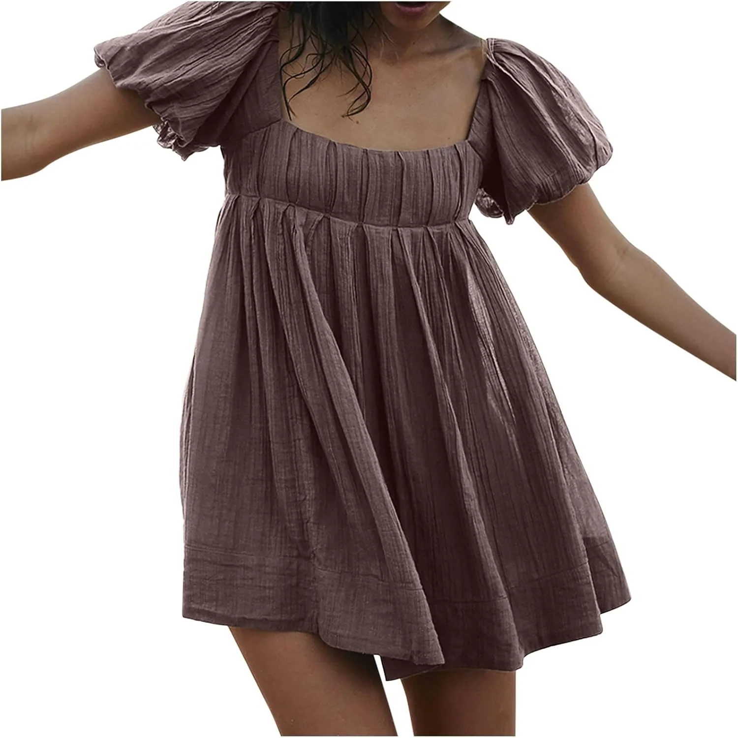 2025 Women's Puff Sleeve Sweet Mini Dress Square Neck Flowy Adorable and Retro Dresses for Picnics, Summer Vacations