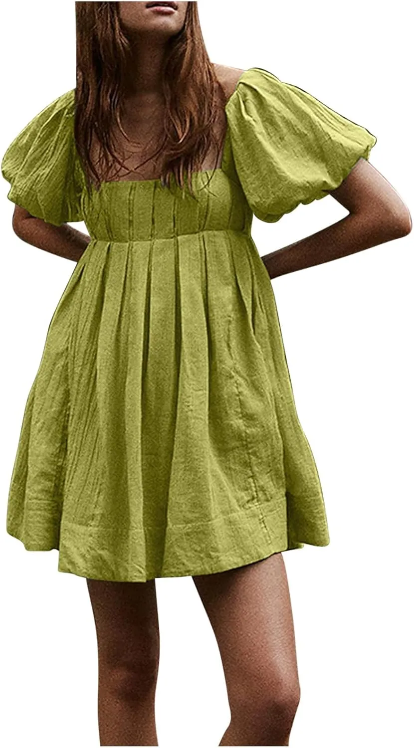 2025 Women's Puff Sleeve Sweet Mini Dress Square Neck Flowy Adorable and Retro Dresses for Picnics, Summer Vacations