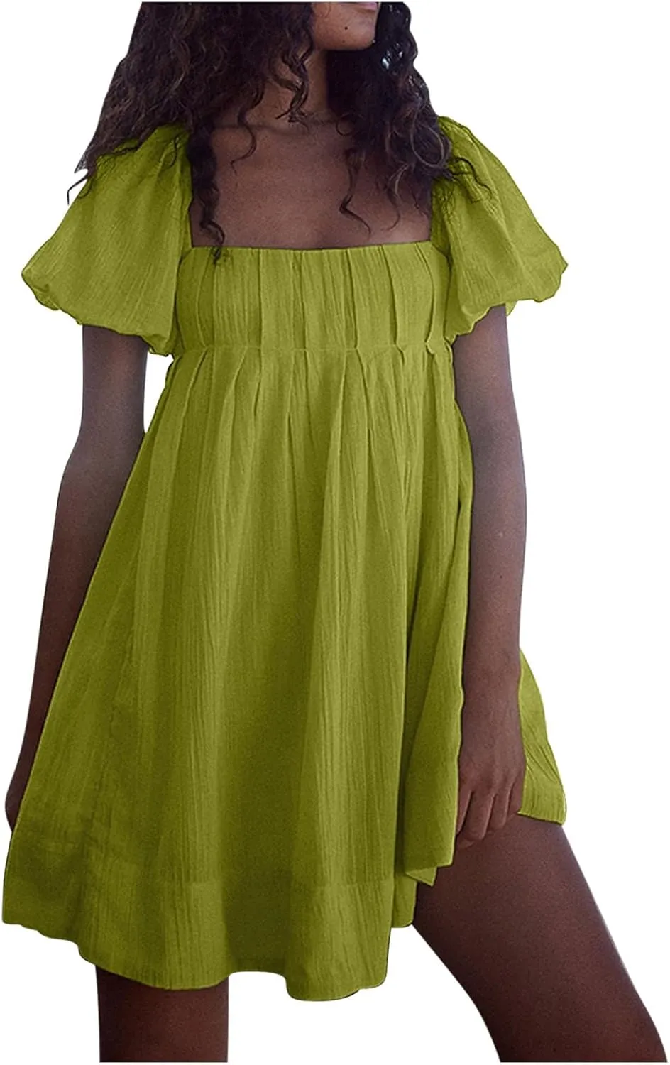 2025 Women's Puff Sleeve Sweet Mini Dress Square Neck Flowy Adorable and Retro Dresses for Picnics, Summer Vacations