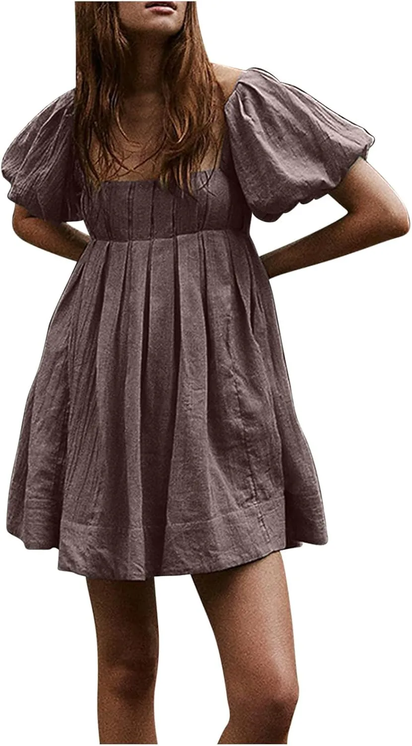 2025 Women's Puff Sleeve Sweet Mini Dress Square Neck Flowy Adorable and Retro Dresses for Picnics, Summer Vacations