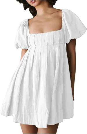 2025 Women's Puff Sleeve Sweet Mini Dress Square Neck Flowy Adorable and Retro Dresses for Picnics, Summer Vacations