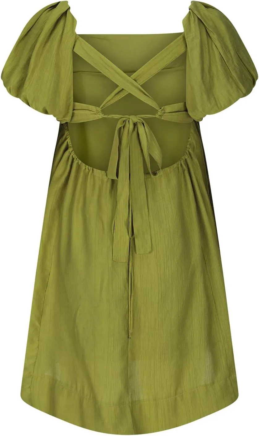 2025 Women's Puff Sleeve Sweet Mini Dress Square Neck Flowy Adorable and Retro Dresses for Picnics, Summer Vacations