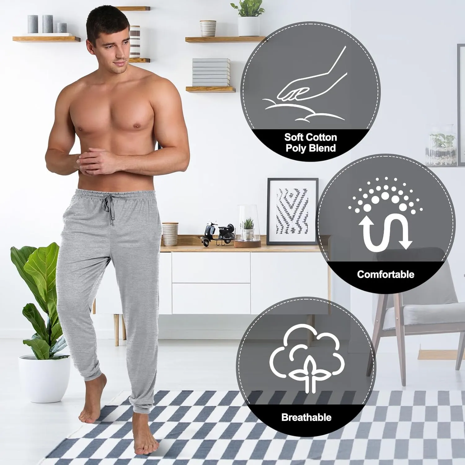 3 Pack Mens Cotton Sleepwear Pajamas Pants with Pockets, Soft Drawstring Lounge Bottoms Pjs for Men