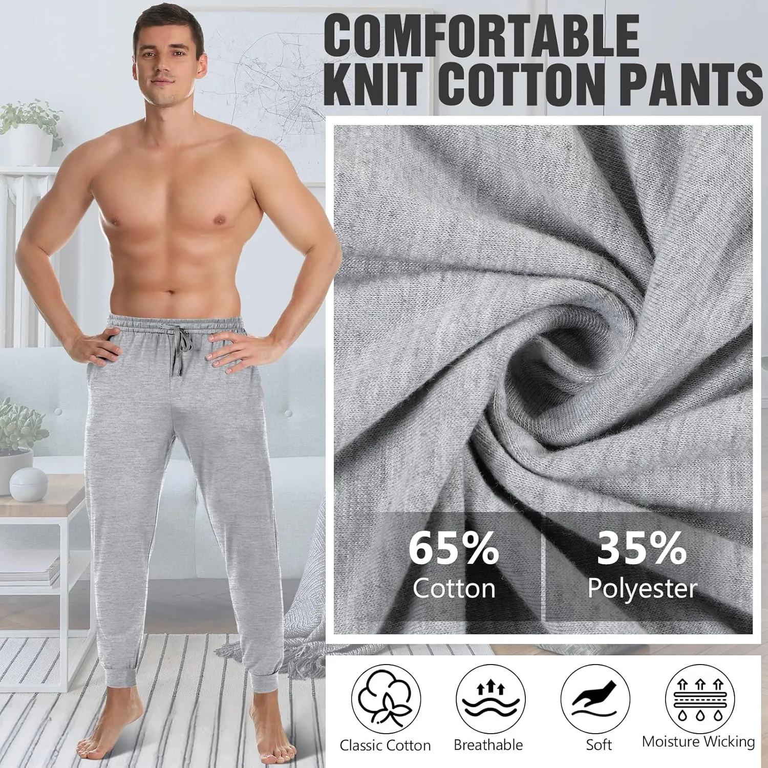 3 Pack Mens Cotton Sleepwear Pajamas Pants with Pockets, Soft Drawstring Lounge Bottoms Pjs for Men