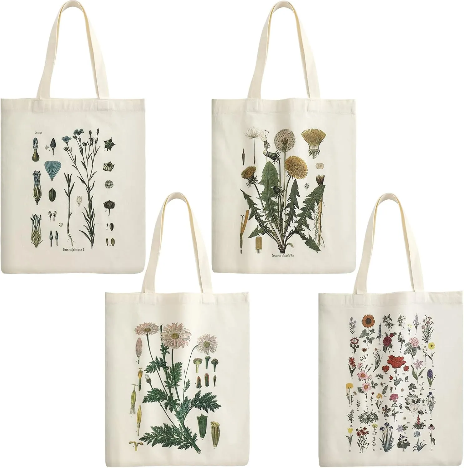 4 Pieces Floral Canvas Tote Bag for Women Flower Reusable Grocery Shopping Bag Aesthetic for Christmas Gift