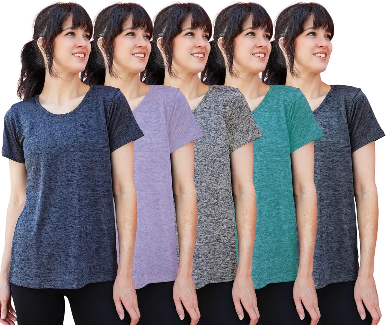 [5 Pack] Womens Dry-Fit Wicking Crewneck T Shirts Activewear Running Yoga Workout Gym Tee Top