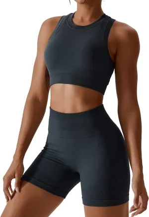 ABOCIW Workout Sets for Women 2 Piece Seamless Ribbed Tank Top Sport Bra High Waist Biker Shorts GYM Yoga Exercise Outfits