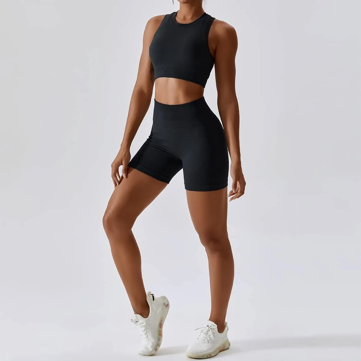 ABOCIW Workout Sets for Women 2 Piece Seamless Ribbed Tank Top Sport Bra High Waist Biker Shorts GYM Yoga Exercise Outfits