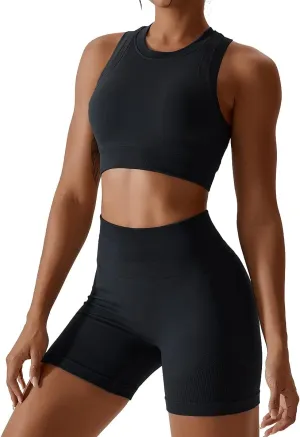 ABOCIW Workout Sets for Women 2 Piece Seamless Ribbed Tank Top Sport Bra High Waist Biker Shorts GYM Yoga Exercise Outfits