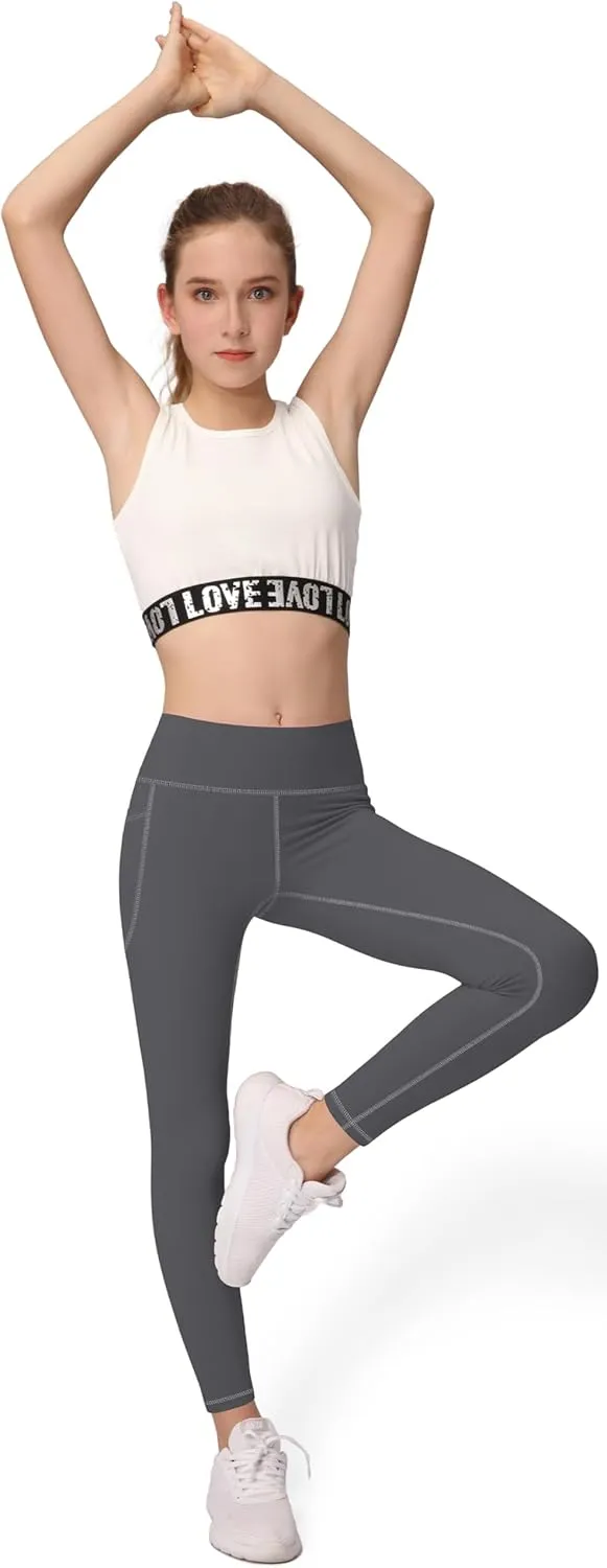 AENLLEY Girls Activewear Leggings with 2 Pockets - Kids Dance Workout Yoga Pants for Athletic Pack of 4