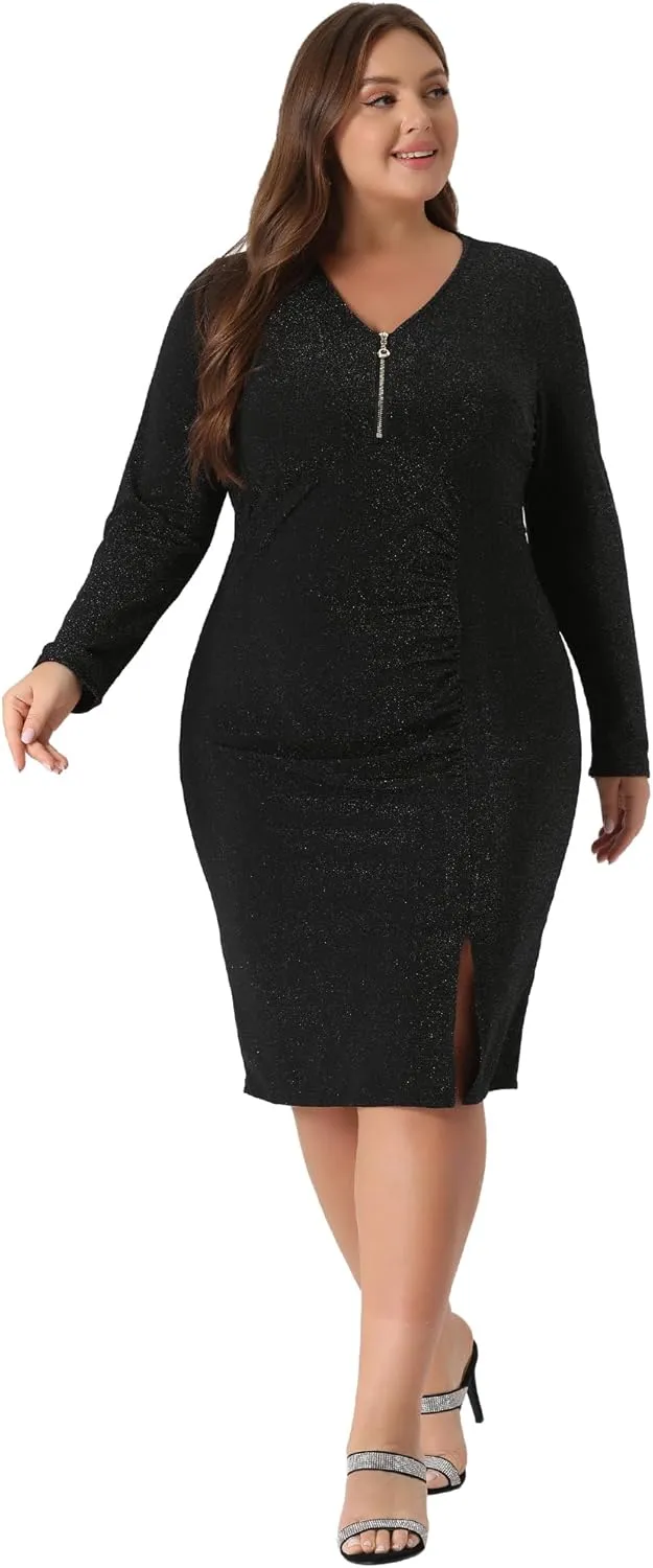 Agnes Orinda Plus Size Sexy Sparkly Glitter Dress for Women Deep V Party Cocktail Club Bodycon Midi Dresses