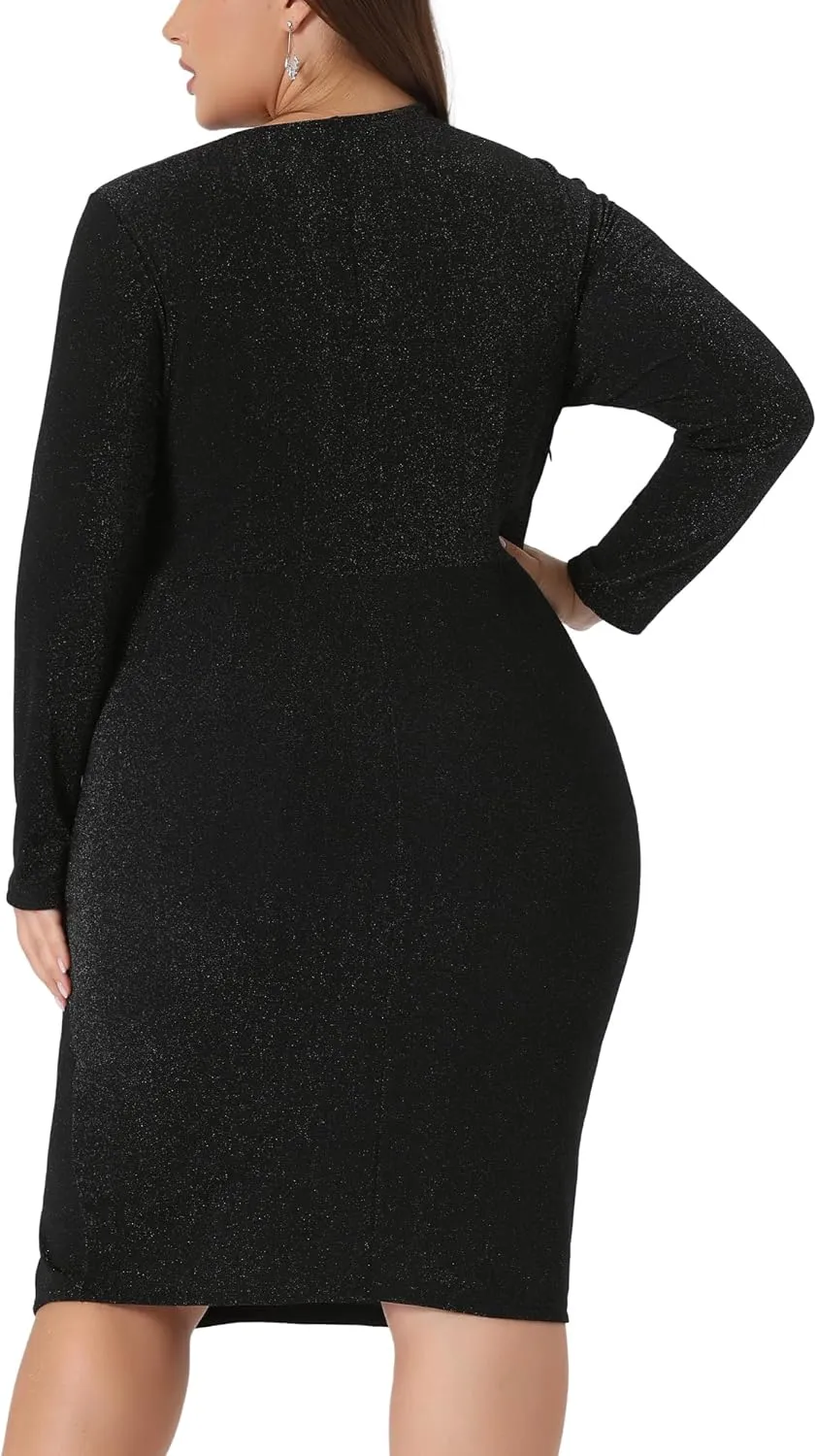 Agnes Orinda Plus Size Sexy Sparkly Glitter Dress for Women Deep V Party Cocktail Club Bodycon Midi Dresses