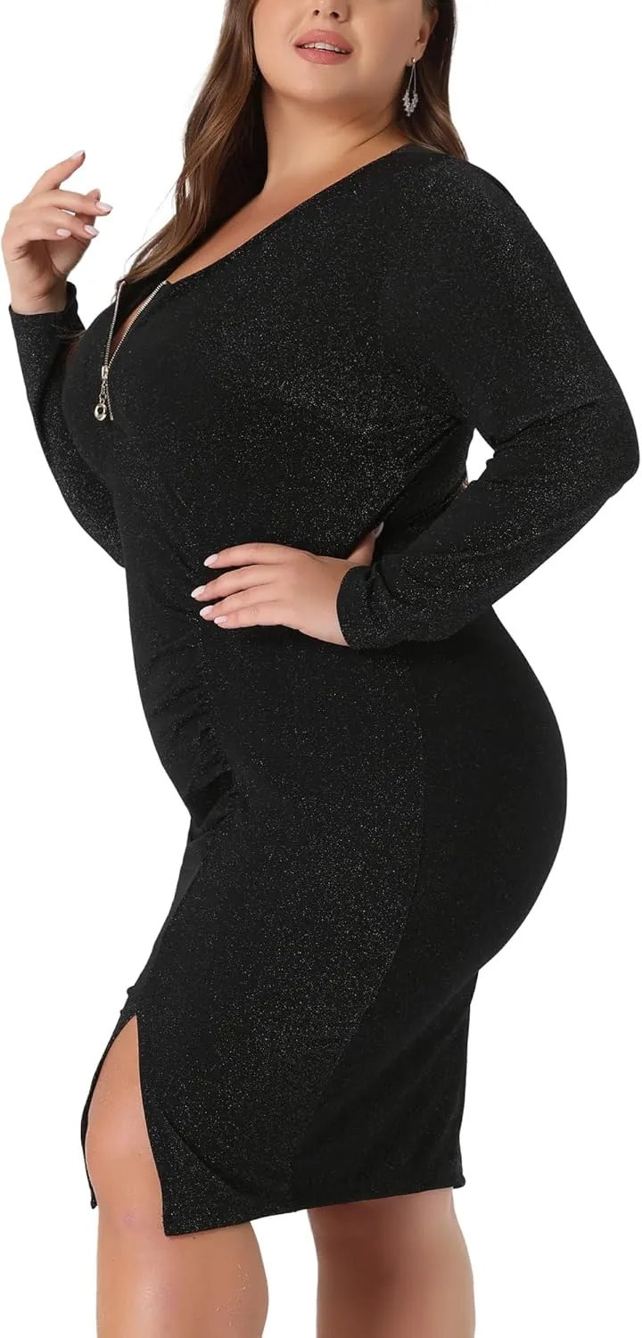 Agnes Orinda Plus Size Sexy Sparkly Glitter Dress for Women Deep V Party Cocktail Club Bodycon Midi Dresses