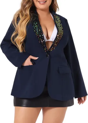 Agnes Orinda Plus Size Shiny Sequin Blazer for Women Button Jacket Lapel Casual Sparkle Party Blazers