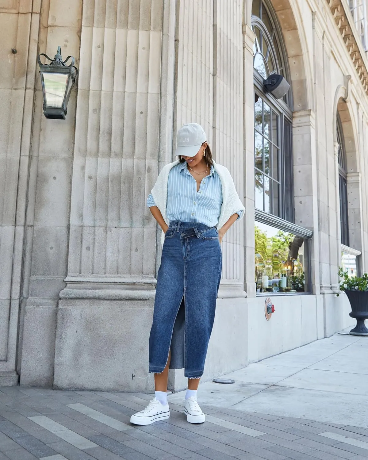 AiMgFUN Jean Skirt for Women Denim Skirt with Pockets Mid Waist Long Split Skirts