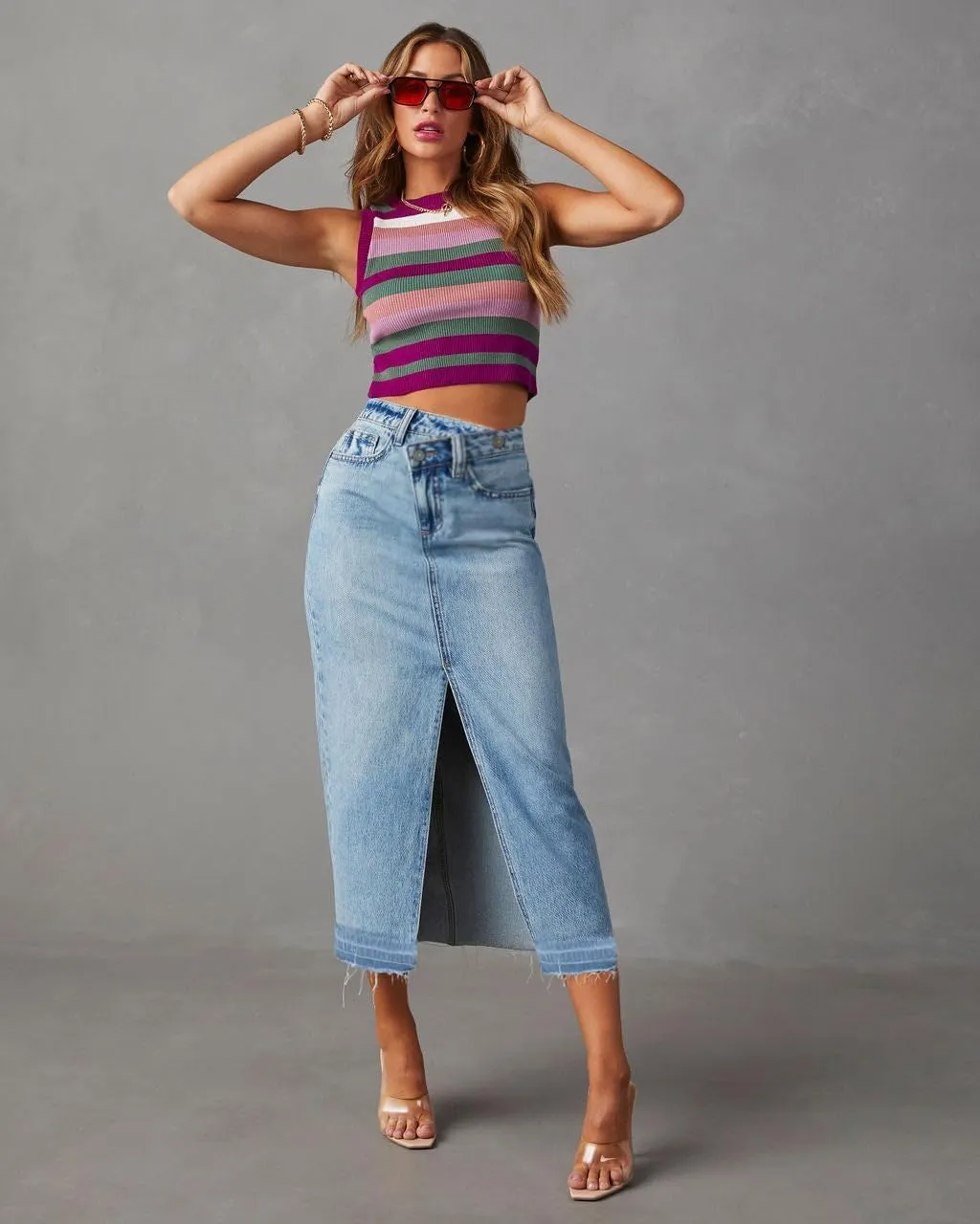 AiMgFUN Jean Skirt for Women Denim Skirt with Pockets Mid Waist Long Split Skirts