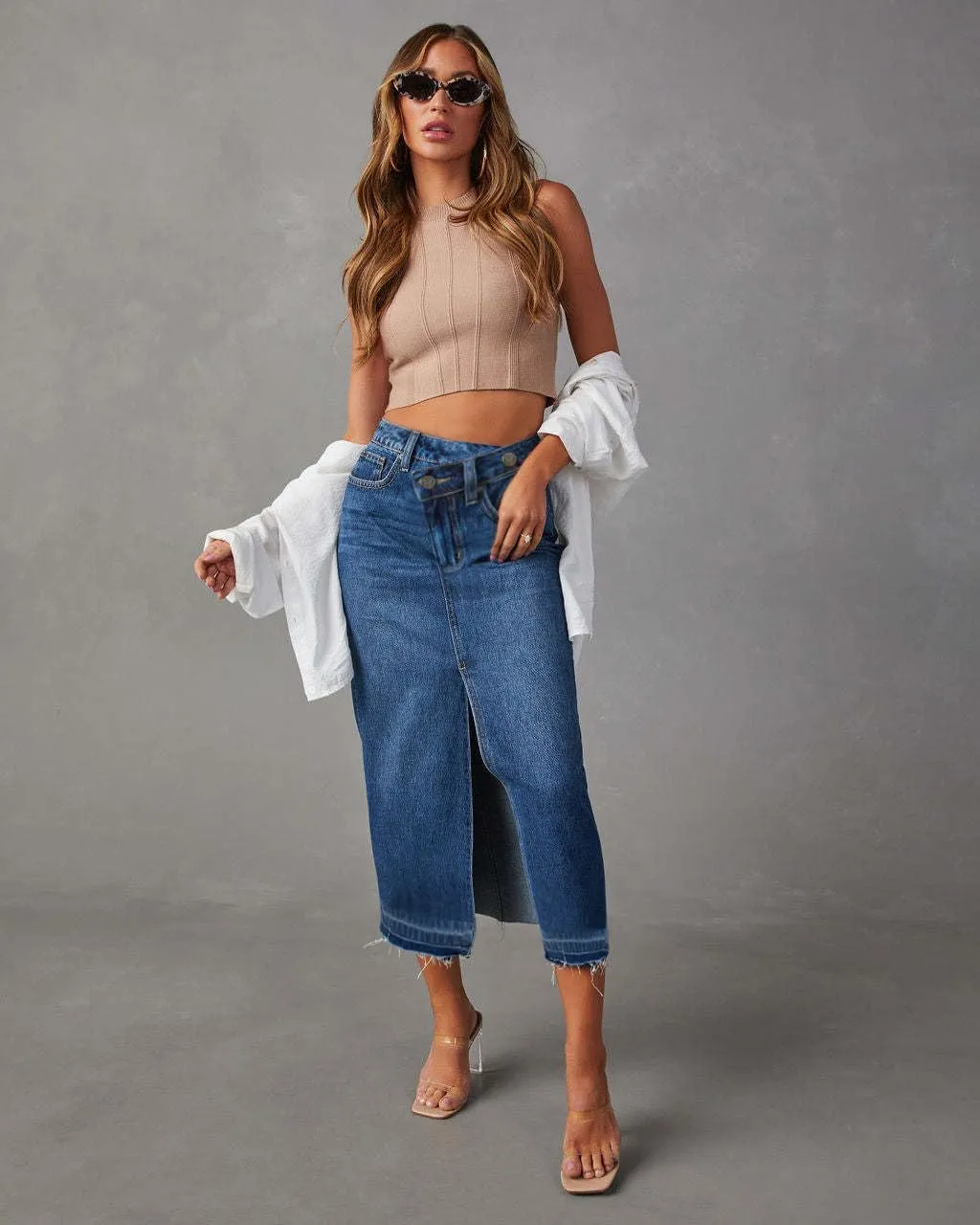 AiMgFUN Jean Skirt for Women Denim Skirt with Pockets Mid Waist Long Split Skirts