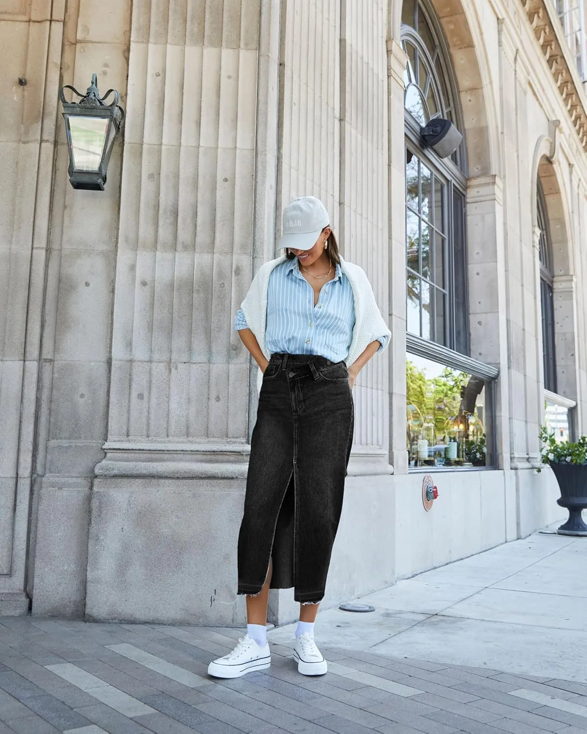 AiMgFUN Jean Skirt for Women Denim Skirt with Pockets Mid Waist Long Split Skirts