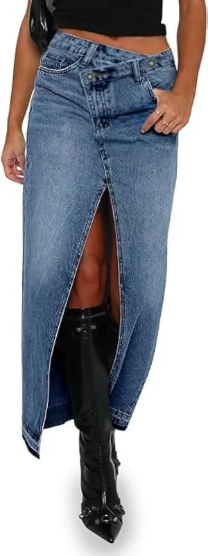 AiMgFUN Jean Skirt for Women Denim Skirt with Pockets Mid Waist Long Split Skirts