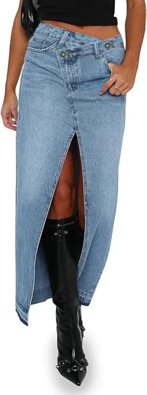 AiMgFUN Jean Skirt for Women Denim Skirt with Pockets Mid Waist Long Split Skirts