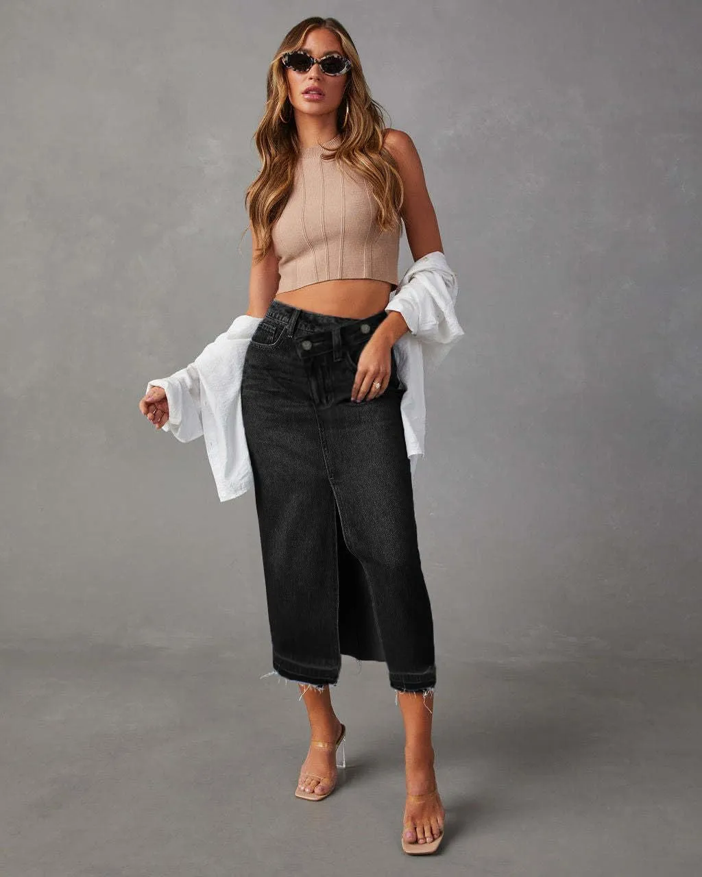 AiMgFUN Jean Skirt for Women Denim Skirt with Pockets Mid Waist Long Split Skirts