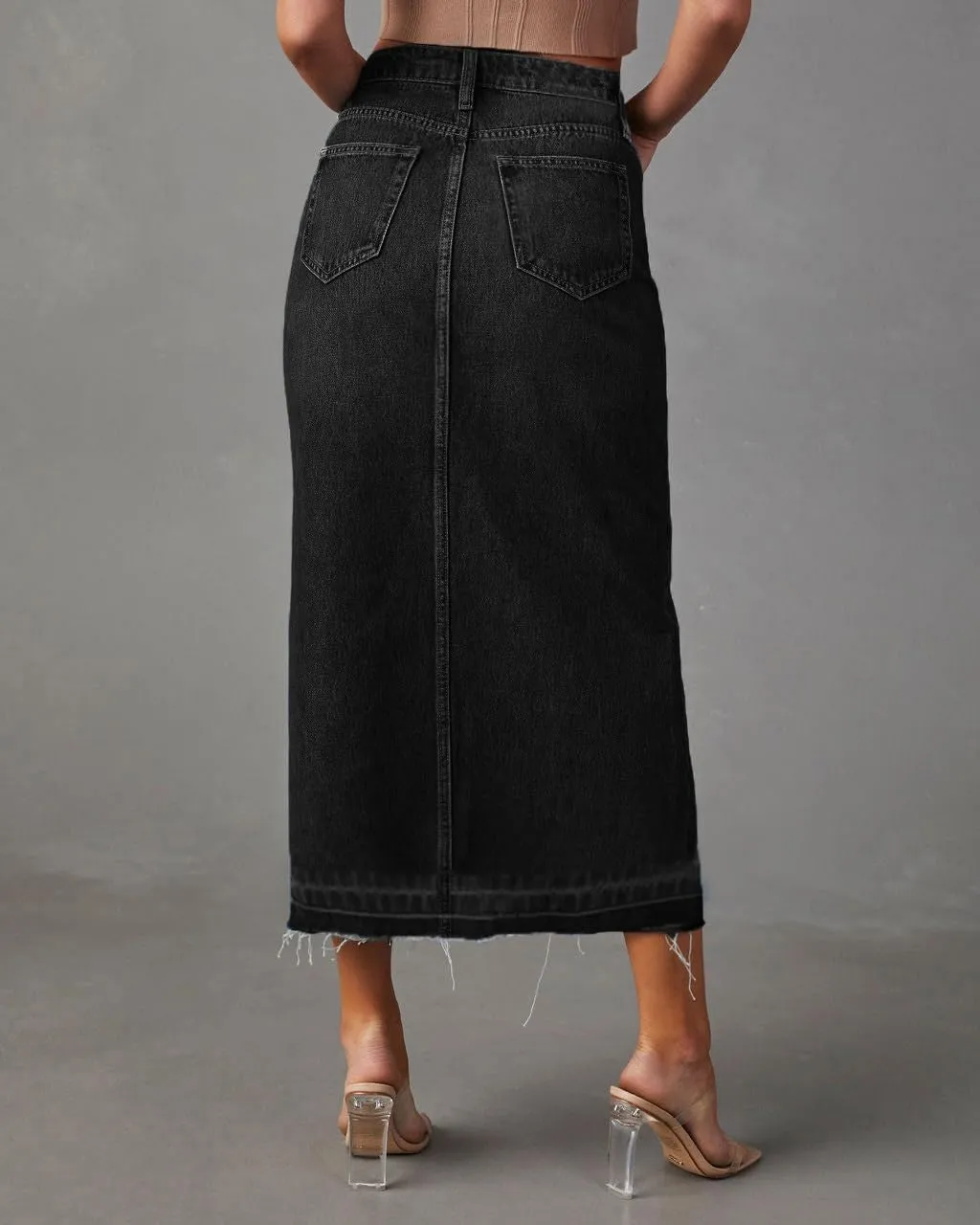 AiMgFUN Jean Skirt for Women Denim Skirt with Pockets Mid Waist Long Split Skirts
