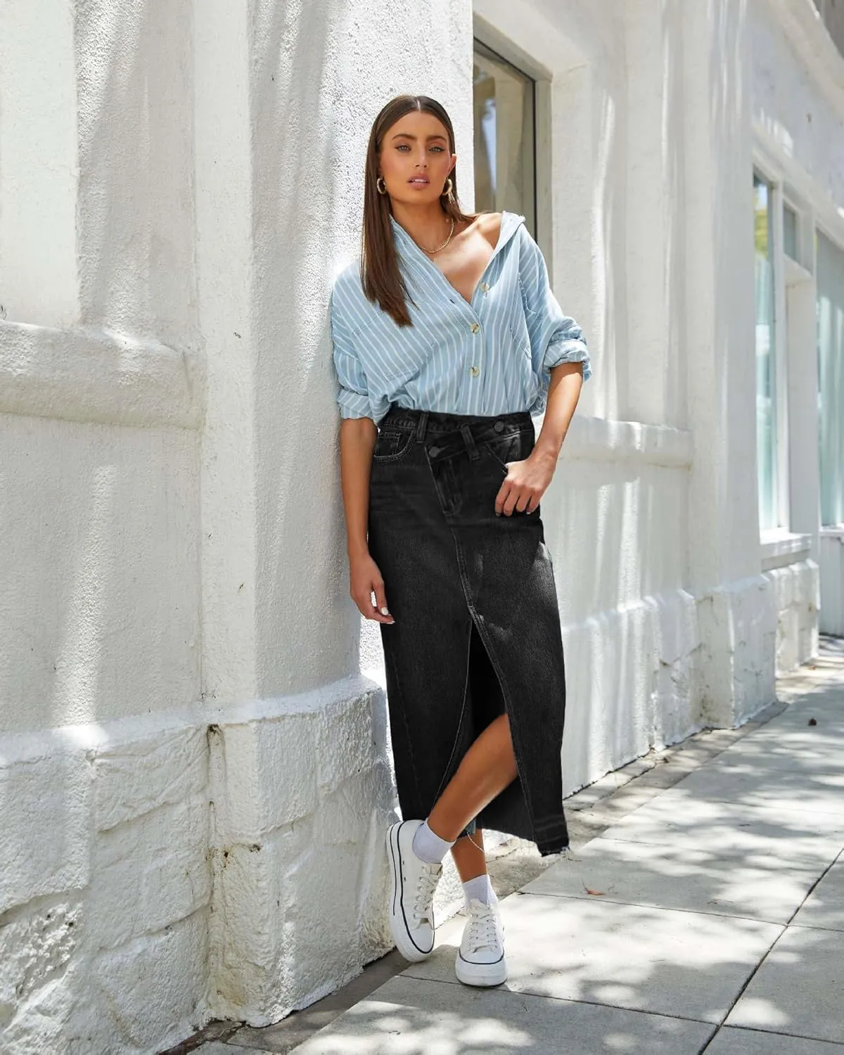 AiMgFUN Jean Skirt for Women Denim Skirt with Pockets Mid Waist Long Split Skirts