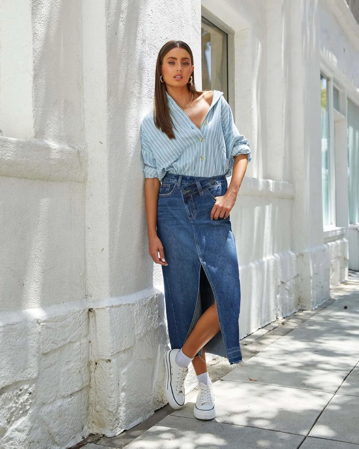 AiMgFUN Jean Skirt for Women Denim Skirt with Pockets Mid Waist Long Split Skirts