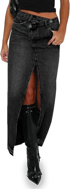 AiMgFUN Jean Skirt for Women Denim Skirt with Pockets Mid Waist Long Split Skirts