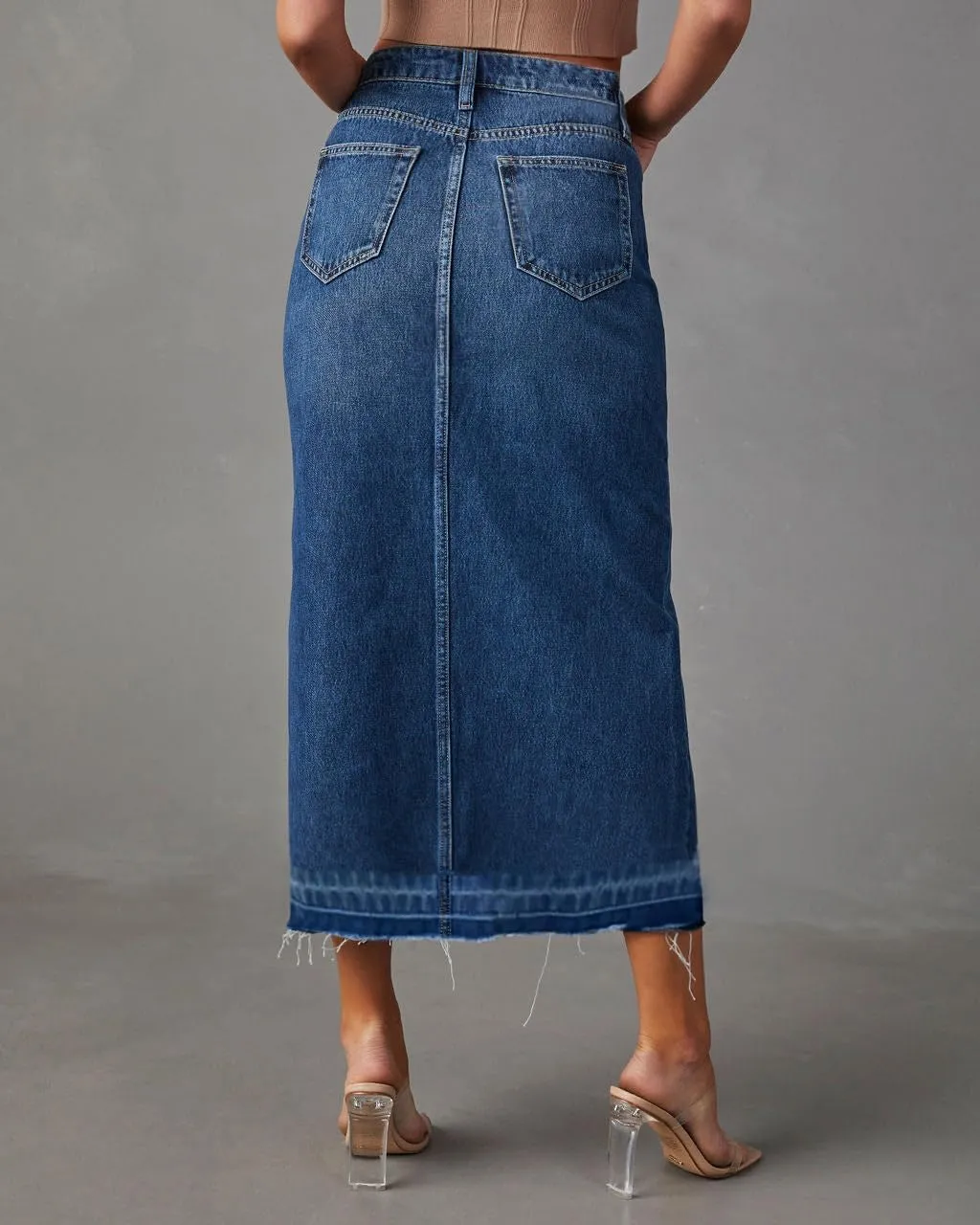 AiMgFUN Jean Skirt for Women Denim Skirt with Pockets Mid Waist Long Split Skirts