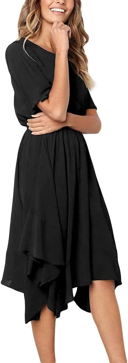 Alaster Womens Chiffon Short Sleeve Casual Midi Dress Irregular Hem Summer Dress