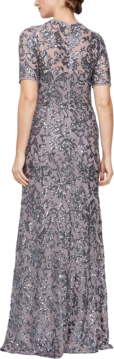 Alex Evenings Women's Long Length A-line Sequin Lace V-Neck Mother of The Bride Dress, Formal Event Gown with Short Sleeves