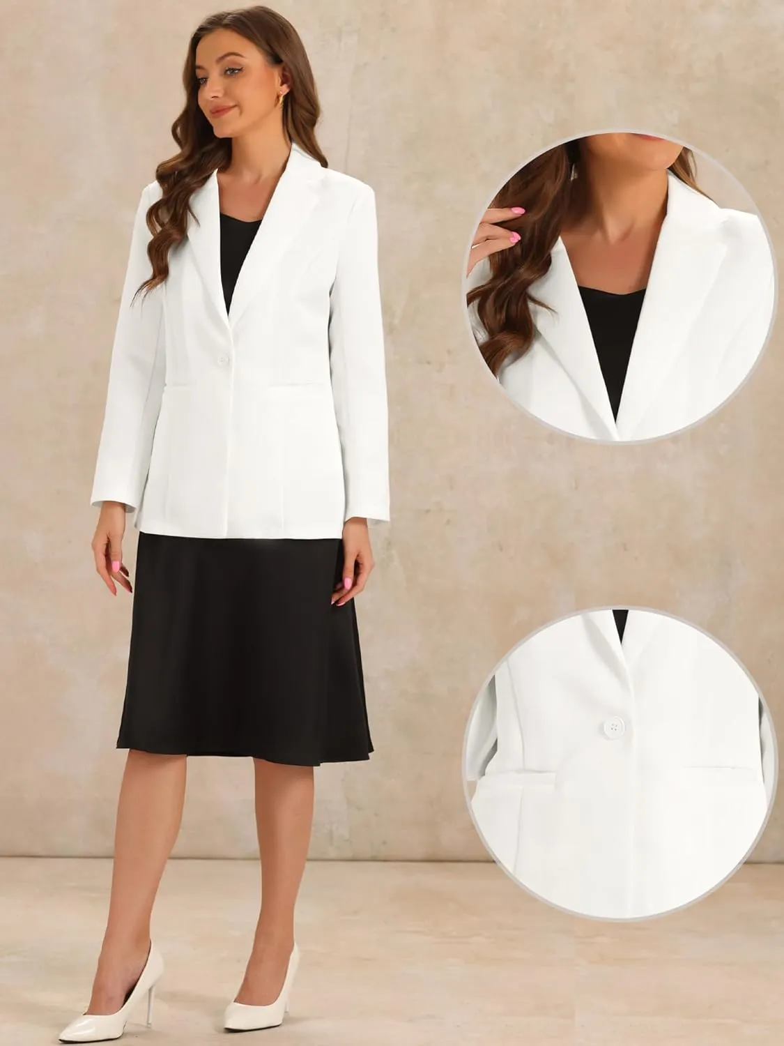 Allegra K Casual Blazers for Women's Long Sleeve Lapel Open Front Button with Pockets Work Blazer Jackets