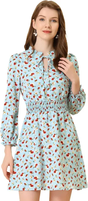 Allegra K Women's Smocked Waist Tie Neck Floral Long Sleeve Dress