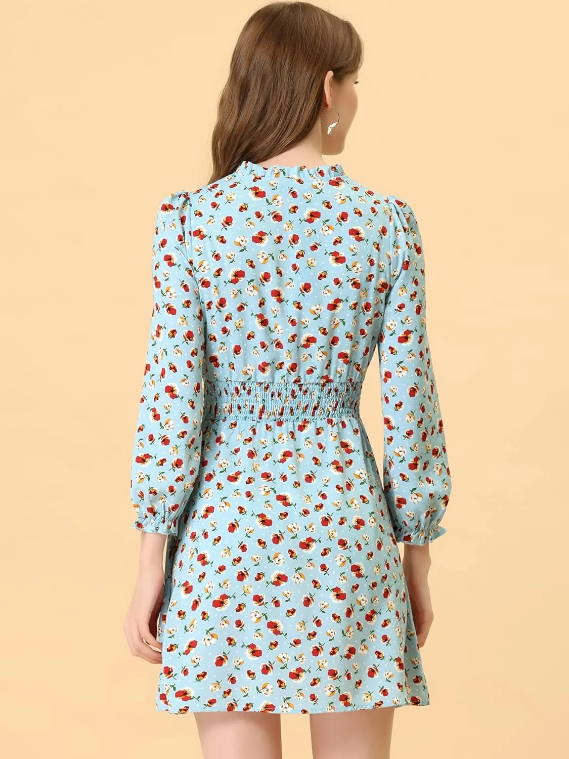 Allegra K Women's Smocked Waist Tie Neck Floral Long Sleeve Dress