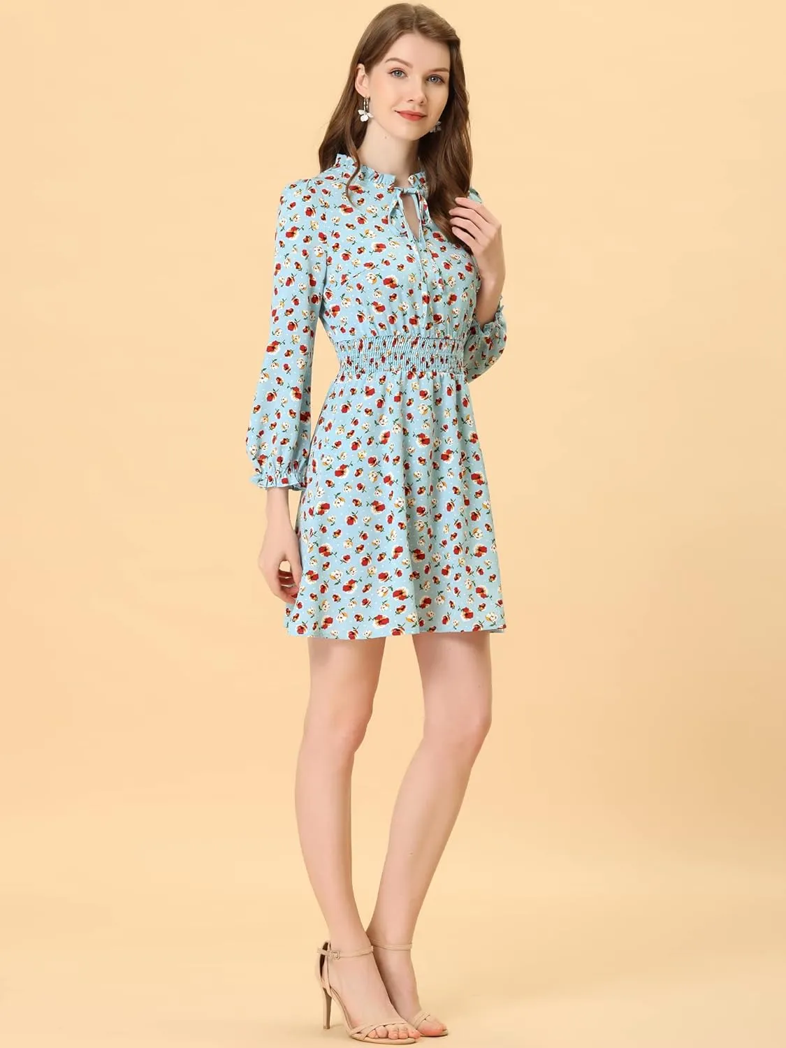 Allegra K Women's Smocked Waist Tie Neck Floral Long Sleeve Dress