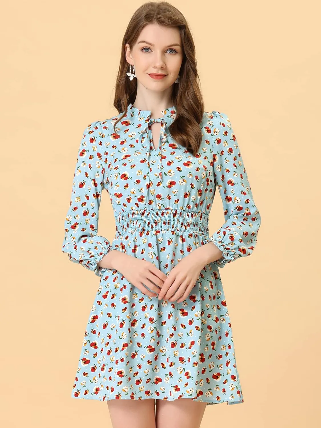 Allegra K Women's Smocked Waist Tie Neck Floral Long Sleeve Dress