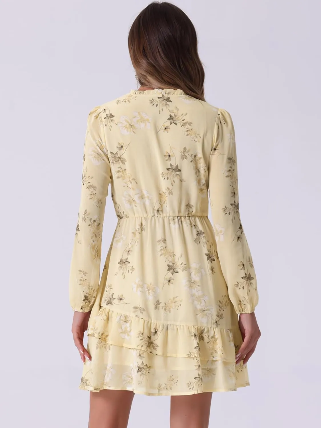 Allegra K Women's Summer Dresses 2025 Floral Tie V Neck Semi Sheer Long Sleeve Layered Tiered Chiffon Mini Dress