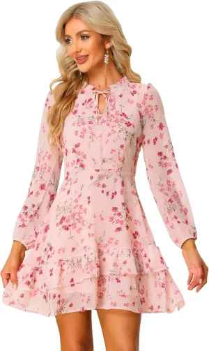 Allegra K Women's Summer Dresses 2025 Floral Tie V Neck Semi Sheer Long Sleeve Layered Tiered Chiffon Mini Dress